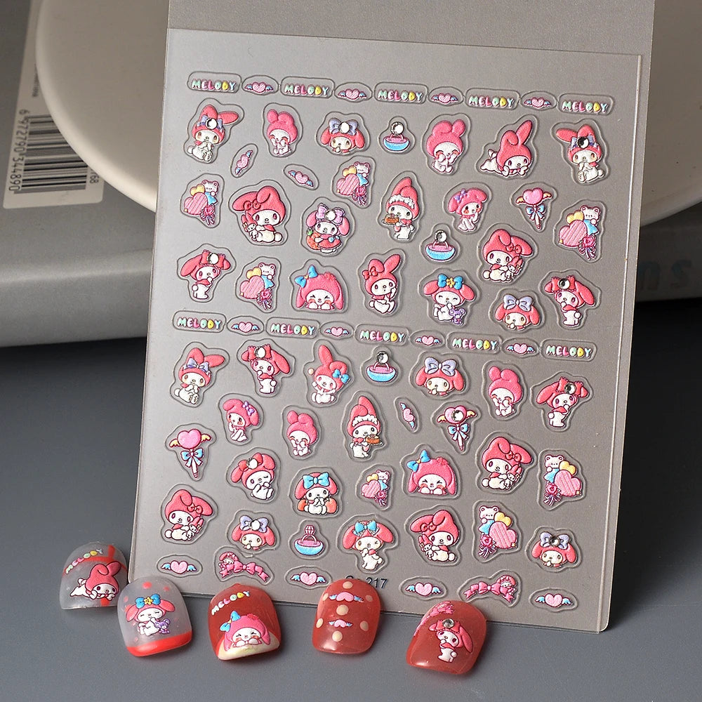 Sanrio Anime 5D Nail Stickers Hello Kitty Kurome Cartoon Stickers Nail Decoration Cute Melody Nail Art Decals Nail Art Supplies