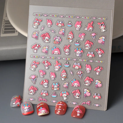 Sanrio Anime 5D Nail Stickers Hello Kitty Kurome Cartoon Stickers Nail Decoration Cute Melody Nail Art Decals Nail Art Supplies