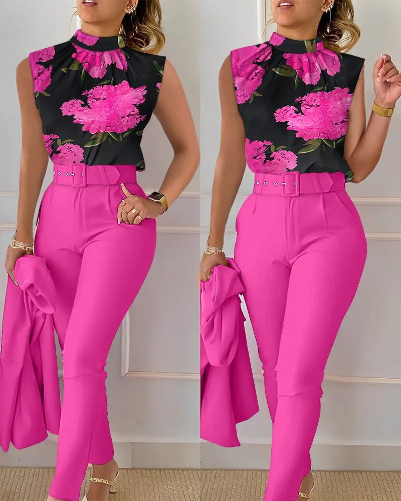 Summer Denim Blue Set Women Stand Collar Sleeveless Top  High Waist Pants Work Printing 2 Pieces Suit Sets Female Casual Outfits