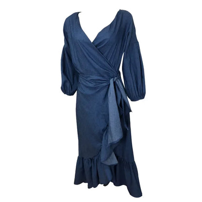 Vestido elegante con escote en V para mujer, con volantes y cordones, estilo vintage azul, estilo retro con mangas acampanadas, para fiesta y noche, primavera y verano, 2024
