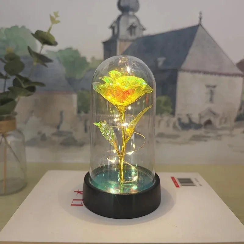 Rosa Artificial – Presente de Dia dos Namorados para Namorada, Rosa Eterna com Luz LED e Detalhes em Folha Metálica, Decoração de Casamento e Presente de Natal