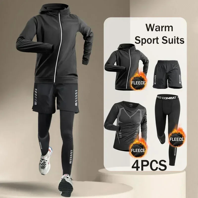 Conjuntos de running para hombre, de invierno, para exteriores, de 2 a 5 piezas, para fitness, trotar por la mañana, deportes, secado rápido, resistente al viento, ciclismo, entrenamiento, chándal