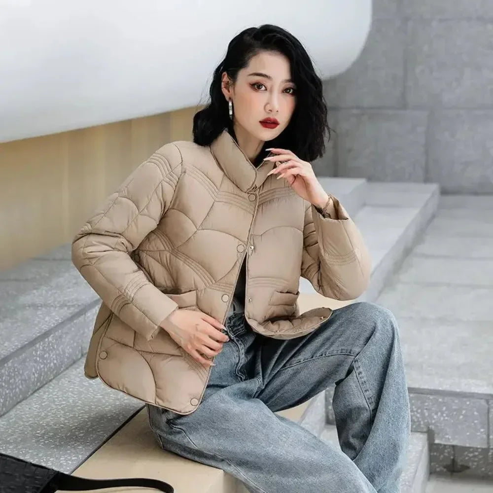 Autumn Winter 2024 New Chinese Korean Female Stand Collar Ultra Lightweight White Duck Down Coat Fashion Outerwear Women Jackets