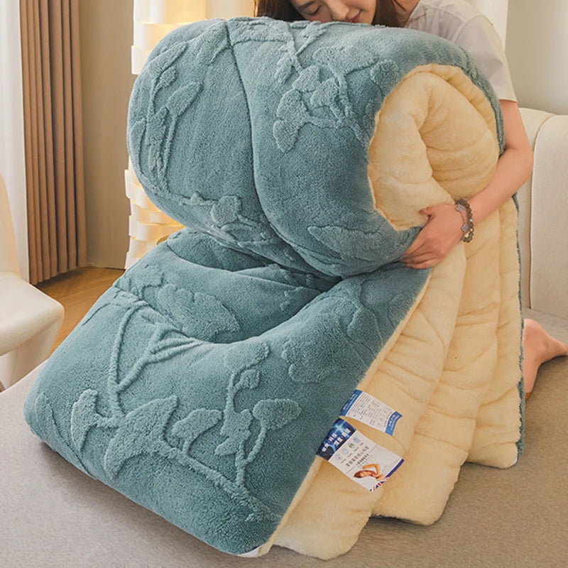 Thick Warm Imitation Lambswool Winter Blanket for Bed, Soft Jacquard Coral Fleece Quilt, Double-Sided Plush Weighted Blanket 5kg