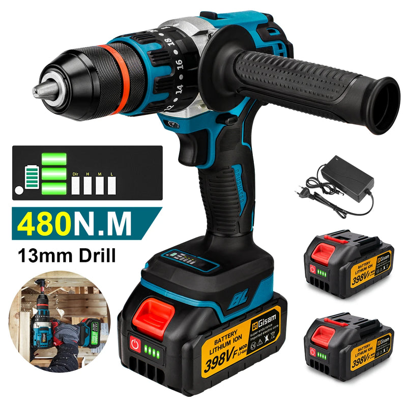 480N.M Brushless Electric Impact Drill Cordless Drill 13mm Electric Screwdriver DIY Driver Power Tool for Makita 18V Battery Pin