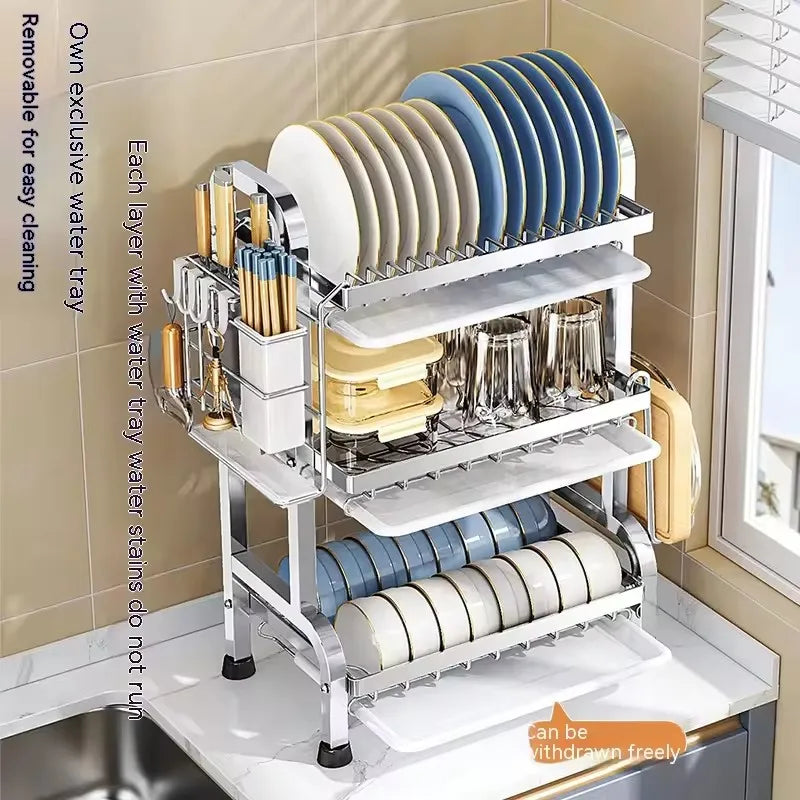 High Quality Kitchen Utensil Storage Rack Household Countertop Storage Rack 3-Layer Cupboard Multifunctional Utensil Drain Rack