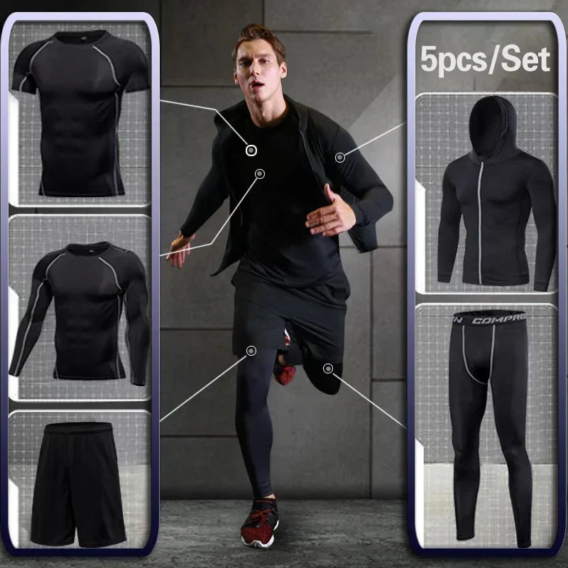 Conjunto de ropa deportiva de compresión Rashguard para hombre, mallas para correr, gimnasio, entrenamiento, camiseta, cortavientos y leggings 