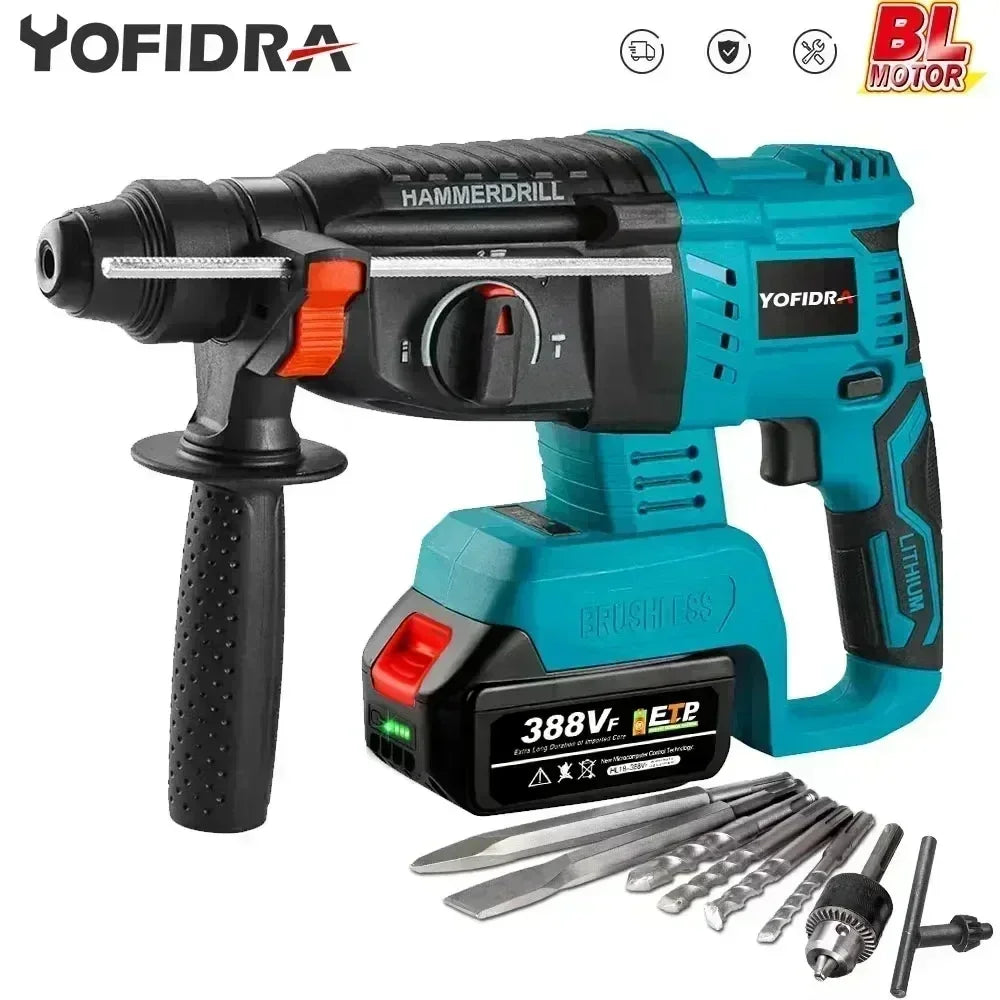 Yofidra 26mm Cylinder Brushless Motor Electric Hammer Drill with Drill Bits for Makita 18V Battery Cordless Impact Rotary Drill