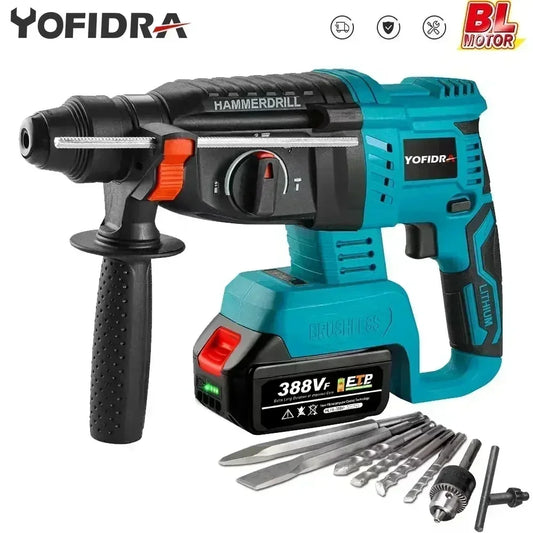 Yofidra 26mm Cylinder Brushless Motor Electric Hammer Drill with Drill Bits for Makita 18V Battery Cordless Impact Rotary Drill