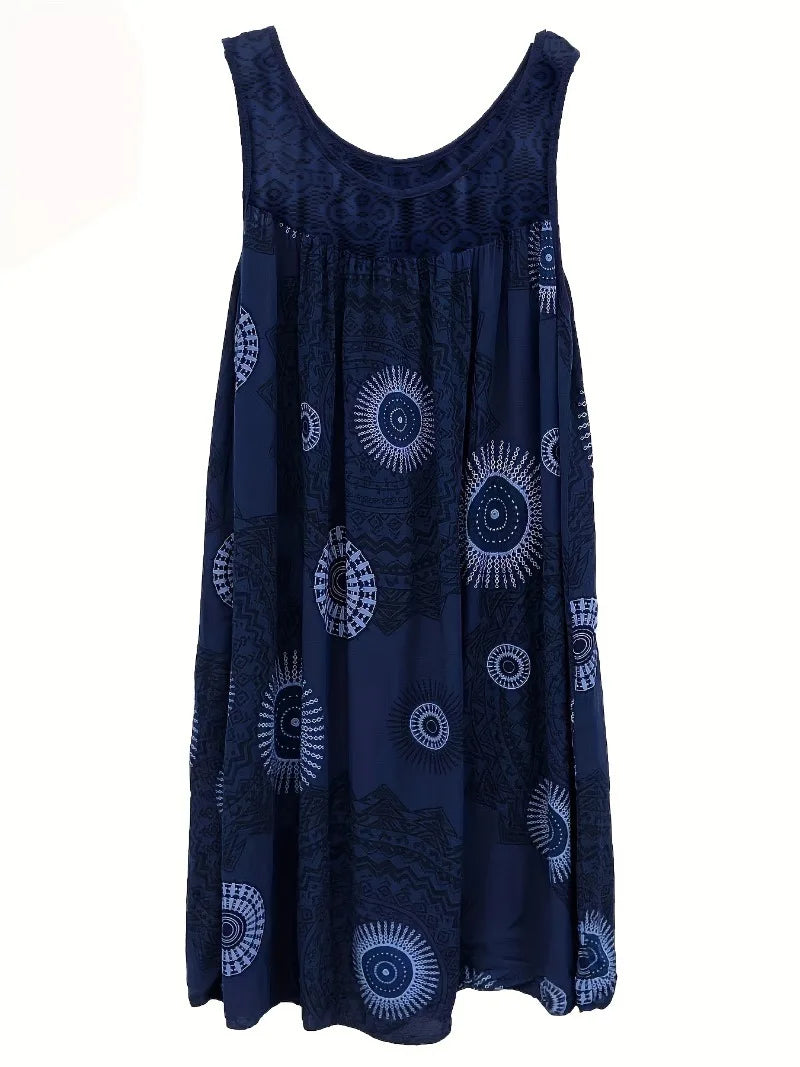 Plus Size 1XL-8XL Women's Sleeveless Dress Lace Panel Printing Sleeveless Large Hem Vest Dress