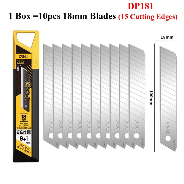Deli 10pcs/box Knife Blade 9mm 18mm SK5 Metal Blades for Home School Supplies Art Craft Paper Box Cutting Utility Knife Tool