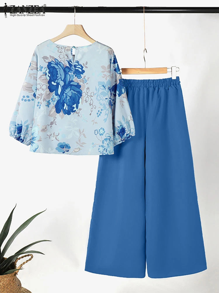 ZANZEA - Conjunto de 2 piezas de chándal para mujer, pantalones de primavera, blusa de manga 3/4, pantalones de pierna ancha, traje informal, conjunto estampado a juego