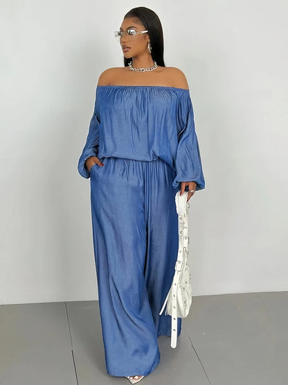 2piece Wide Legs Fake Jeans Suits for Women Plus Size Spring Outfits Off Shoulder Top and Pants Sets Wholesale Dropshipping