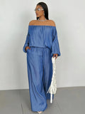 2-piece Wide Leg Faux Denim Suits for Women Plus Size Spring Outfits Off Shoulder Top and Pants Sets Wholesale Dropshipping