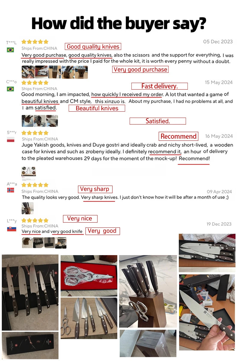 XINZUO Professional Full 7 PCS Knife Set German 1.4116 Stainless Steel Kitchen Knives Sets Best Kitchen Slicing Santoku Tool