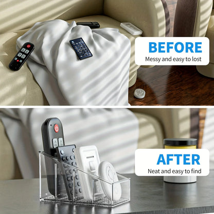 Clear Plastic Remote Control Holder and Desk Organizer with 4 Compartments for Home and Office Use