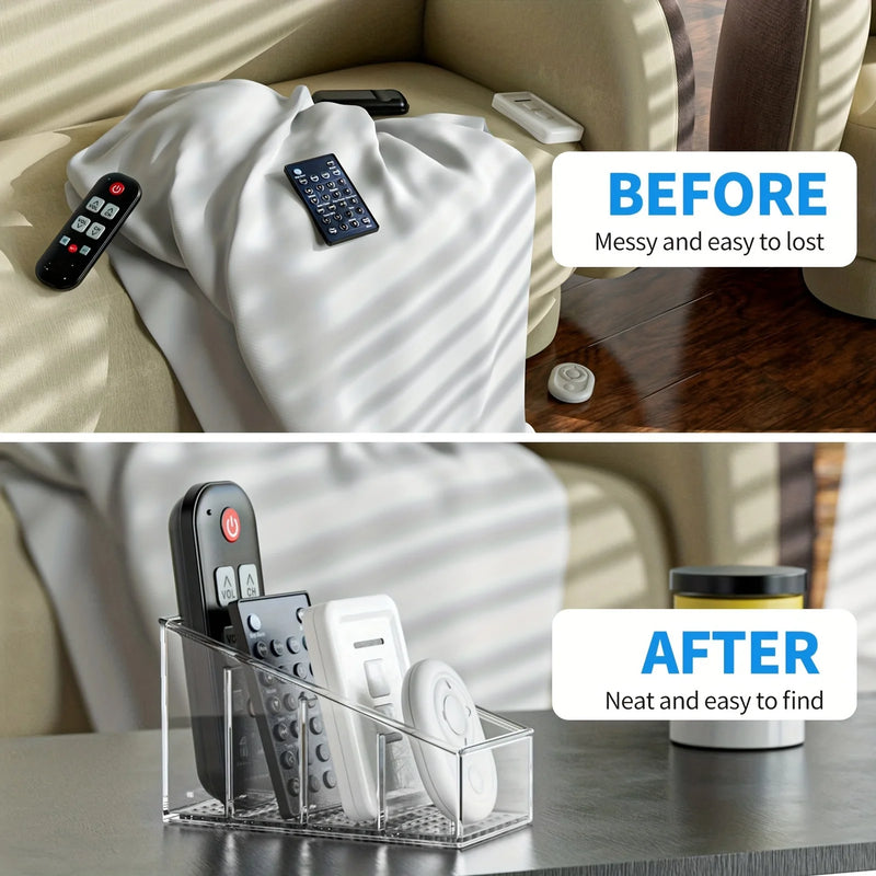 Clear Plastic Remote Control Holder and Desk Organizer with 4 Compartments for Home and Office Use