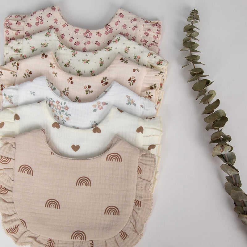 Baberos de bebé con estampado de flores, ajustables, con broches, para saliva, con borde fruncido, de muselina de algodón, para eructar, de arcoíris, para niñas de grado A