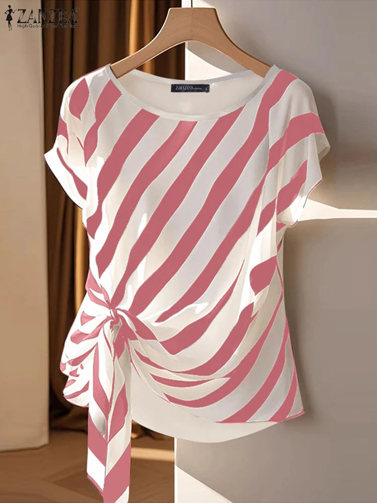 ZANZEA 2025, Tops estampados a rayas coreanas, blusa de manga corta a la moda, vacaciones de verano, túnica holgada con cinturón, Tops simples informales