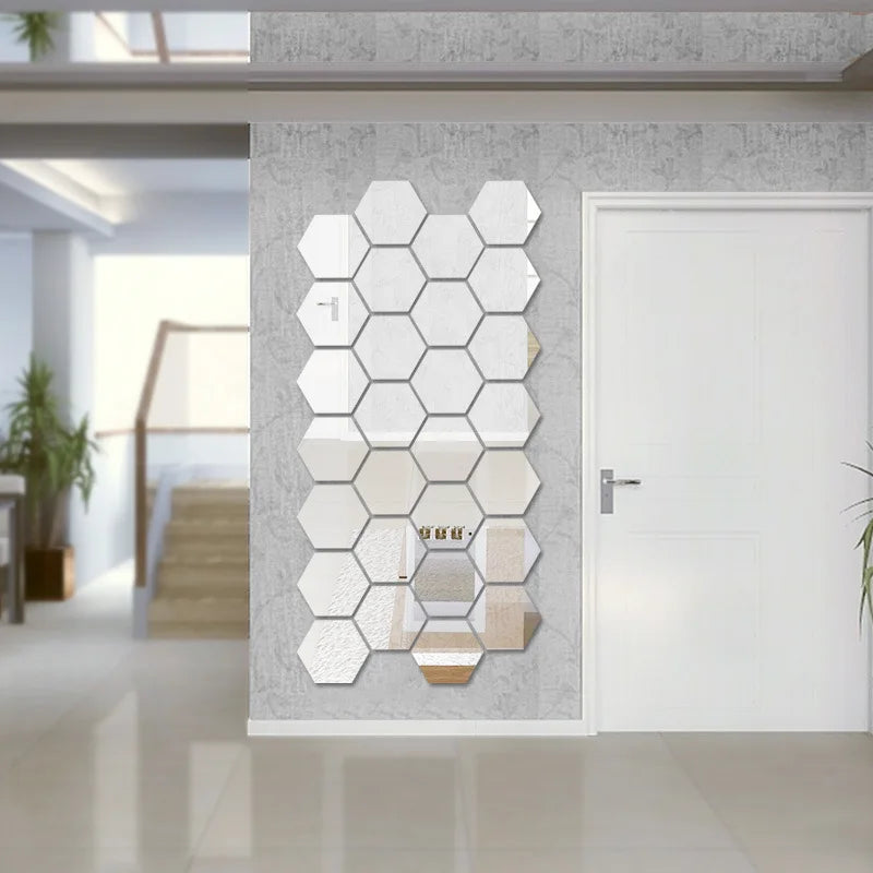 12PCS/Lot Geometric Solid Hexagonal Mirror Wall Stickers DIY With Built-in Adhesive and Removable Home Decoration