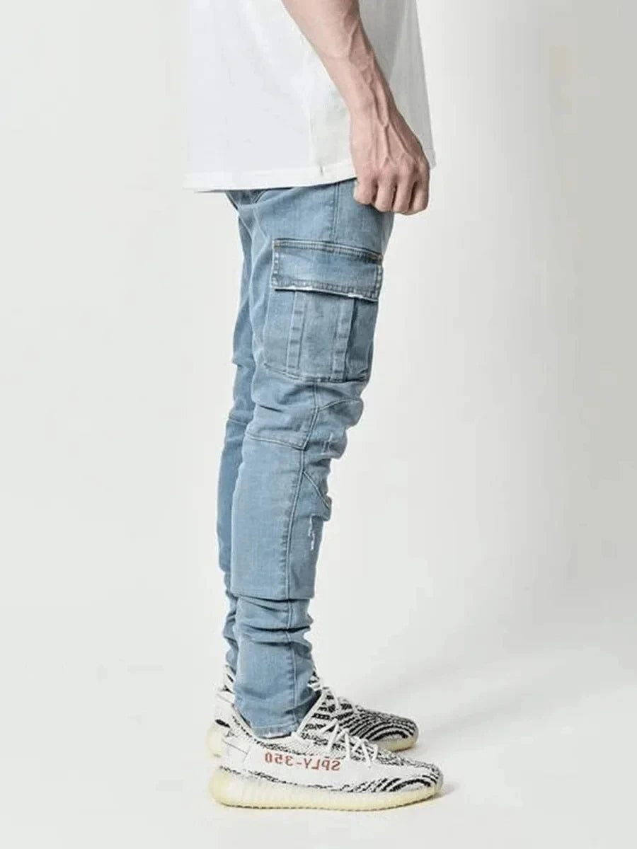 Street men's denim work pants washed solid color multi pocket casual mid waist pants slim fit daily wear jogging pants