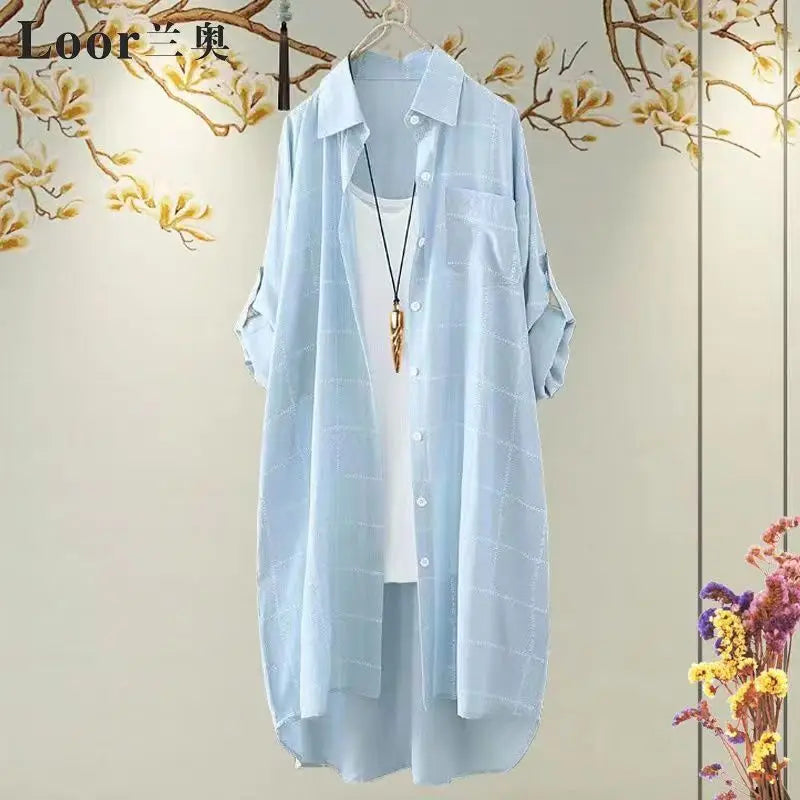 Blusa informal de talla grande con estampado a cuadros para mujer, blusa holgada de otoño a la moda con cuello vuelto, camisa de manga larga de invierno con botonadura sencilla
