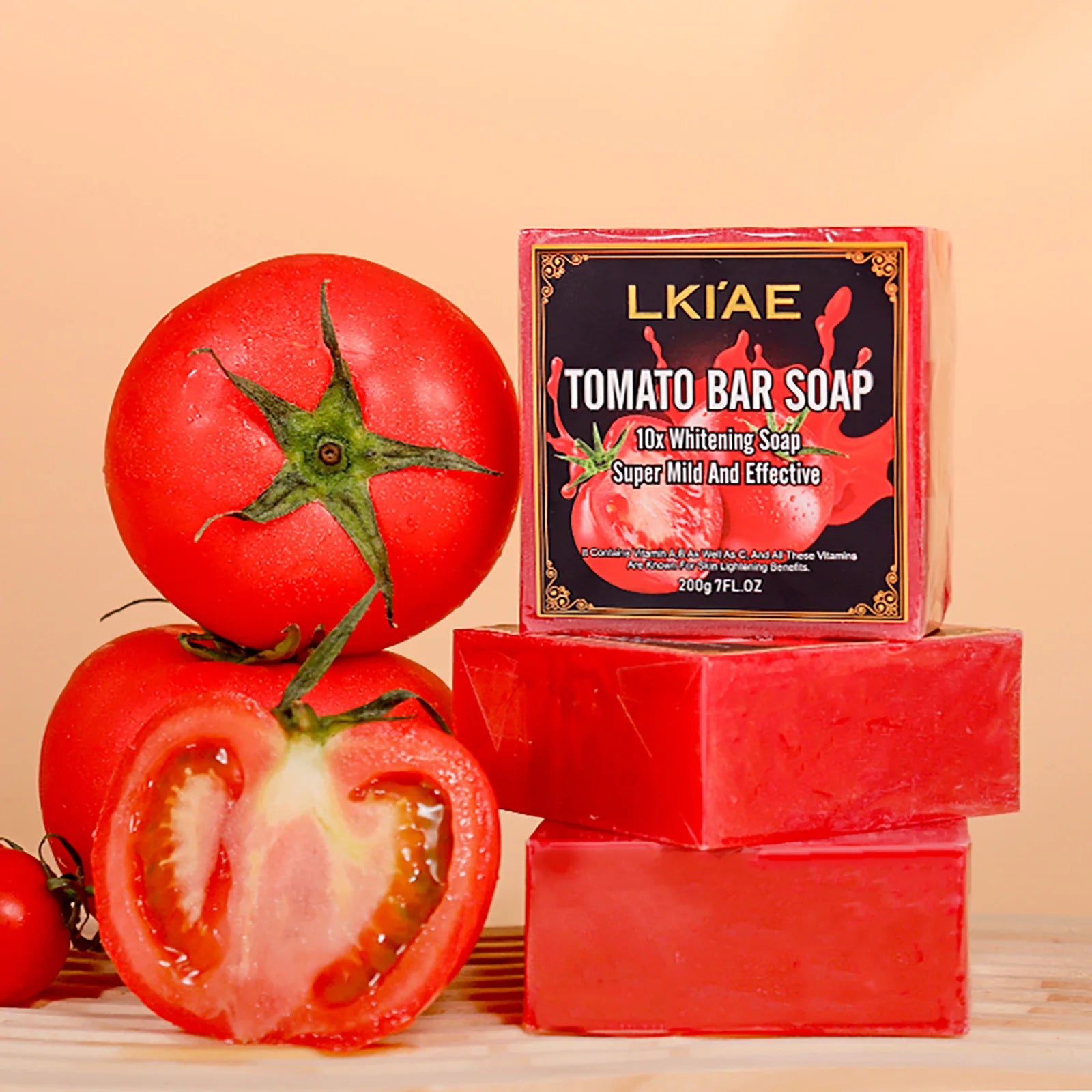 LKIAE Brand Tomato Fruit Scented Handmade Natural Bar Soap, For Face, Body, Whitening, Oil Control, Brightens, Shrinks Pores, 200g