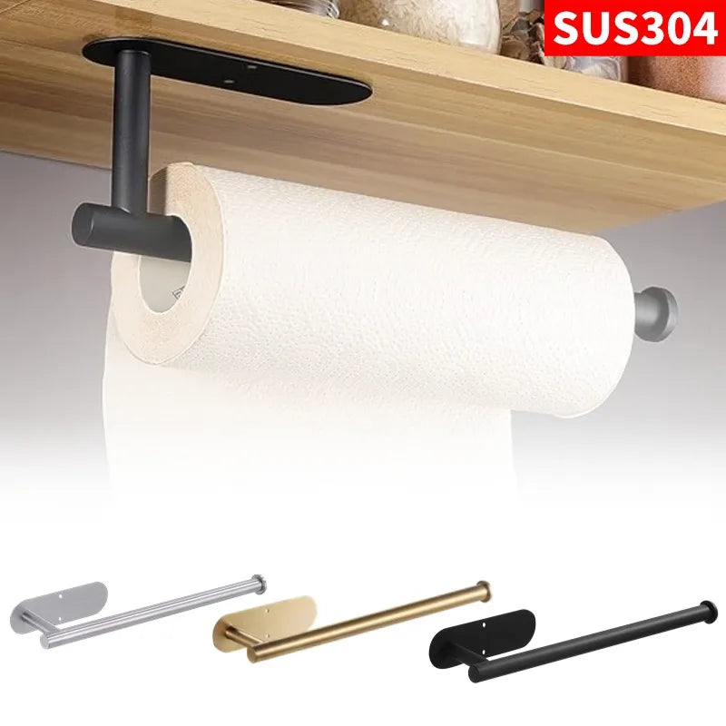 Stainless Steel Paper Towel Holder No Hole Punch Kitchen Bathroom Toilet Lengthen Storage Rack Adhesive Toilet Roll Paper Holder