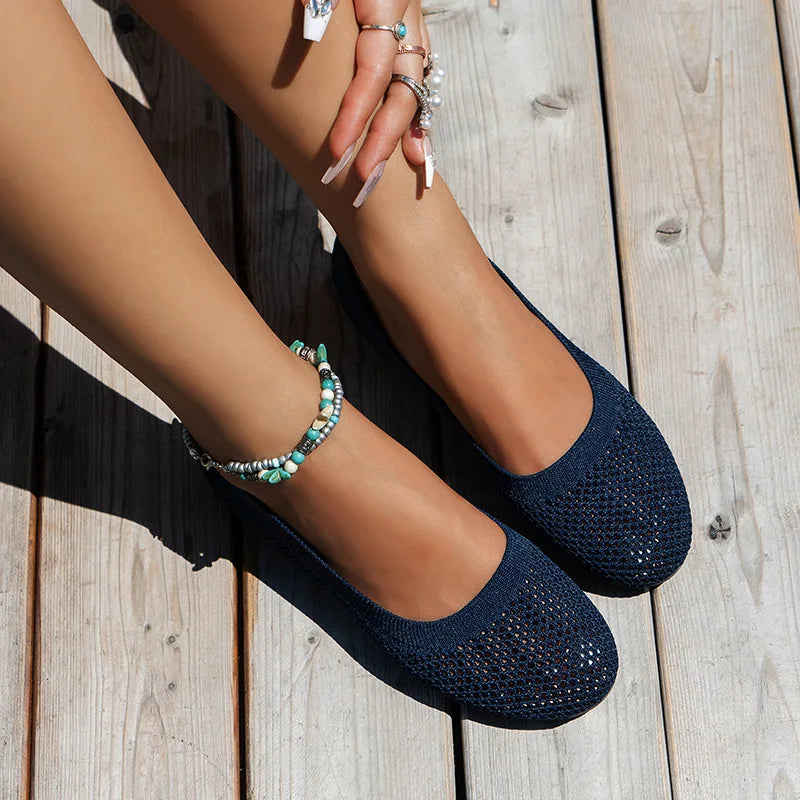Cross-Border New Solid Color Round Toe Feizhi Flat Ballet Flats Women Casual Breathable Knit Slip-On Work Shoes