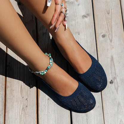 Cross-Border New Solid Color Round Toe Feizhi Flat Ballet Flats Women Casual Breathable Knit Slip-On Work Shoes