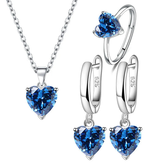 925 Sterling Silver Jewelry Sets for Women, Heart Zircon Ring, Earrings, Necklace, Bridal Wedding, Elegant, Christmas, Free Shipping 