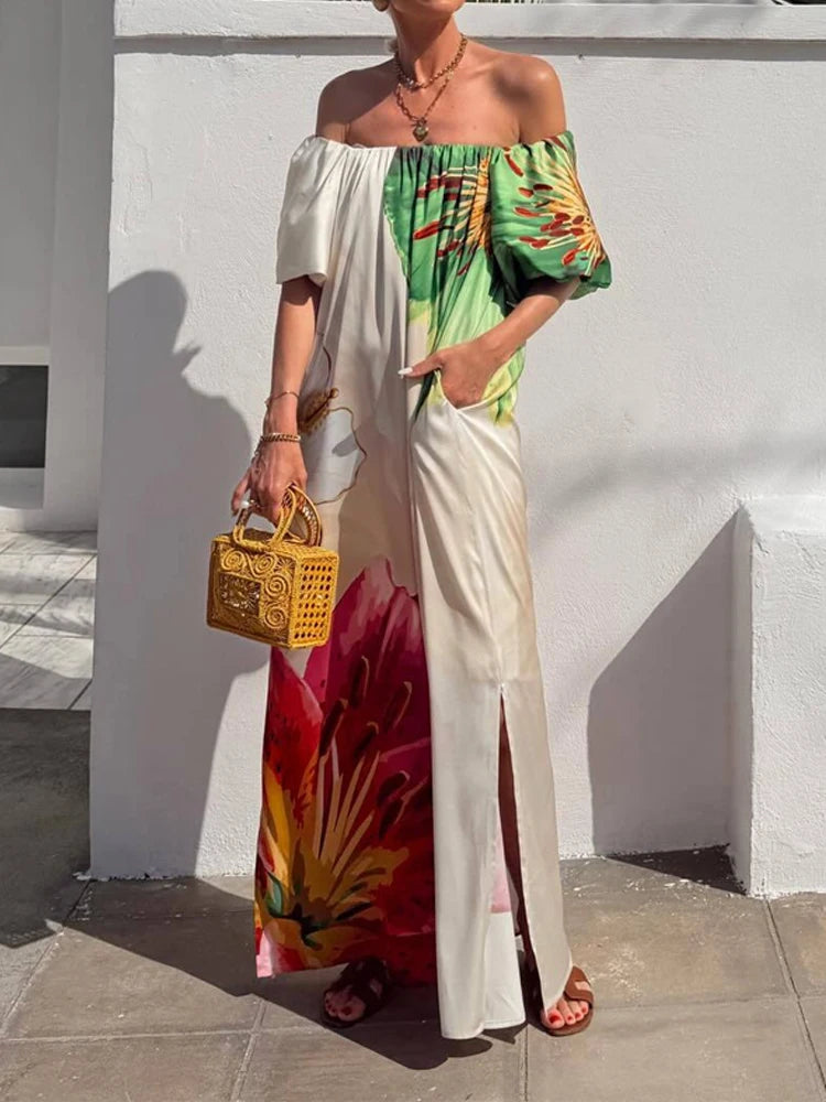 Bohemian Sexy Off-Shoulder Loose Holiday Dress for Women, Sexy Slash Neck Hollow Long Dresses, Summer Print Puff Sleeve Backless Dress
