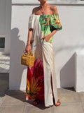 Bohemian Sexy Off-Shoulder Loose Holiday Dress for Women, Sexy Slash Neck Hollow Long Dresses, Summer Print Puff Sleeve Backless Dress