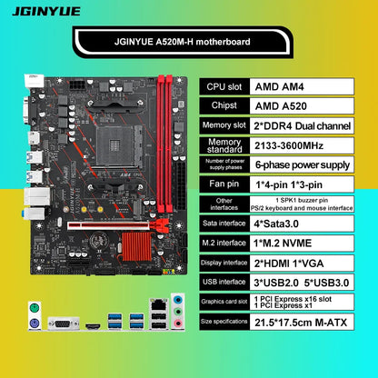 JGINYUE AM4 Motherboard supports AMD Ryzen R3 5 7 1/2/3/4/5th CPU processors DDR4 dual channel Memory RAM M-ATX A520M-H