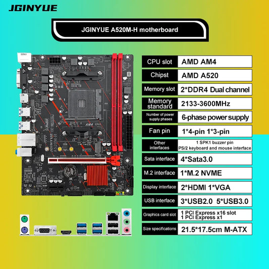 JGINYUE AM4 Motherboard supports AMD Ryzen R3 5 7 1/2/3/4/5th CPU processors DDR4 dual channel Memory RAM M-ATX A520M-H
