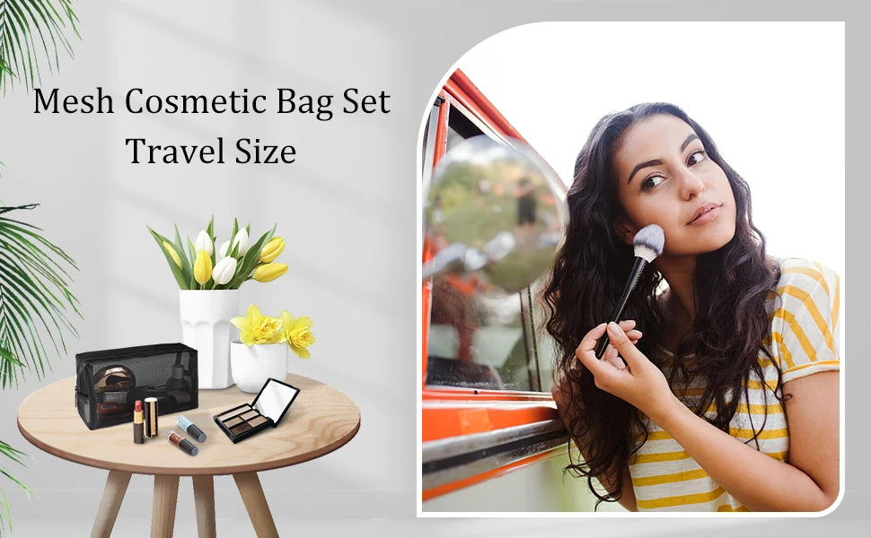 Aosbos 3-Pack Mesh Cosmetic Bag Set - Travel/On-The-Go Makeup Storage, Zipper Closure Small Pouch