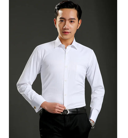 Camisa clásica de vestir para hombre con puños franceses, corte estándar, manga larga, para bodas, fiestas, oficina, trabajo, color blanco