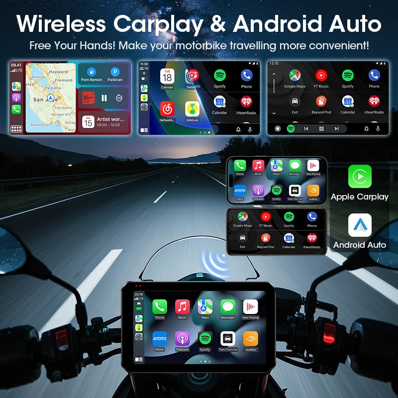 5" Portable Motorcycle Navigation GPS Wireless Carplay&Android Auto Moto Monitor IPX7 Waterproof Display Dual Bluetooth 5.0
