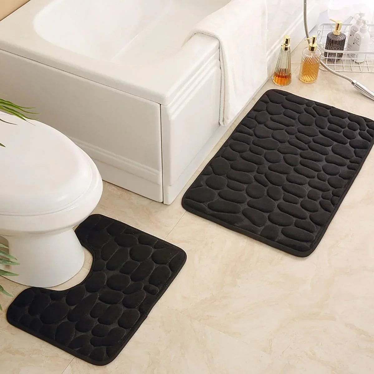 2PC Embossed Stone Pattern Toilet Mat Door Mats Absorb Water Mats Non-slip Carpet Mat, Can Wash Strip Carpet Home Decoration