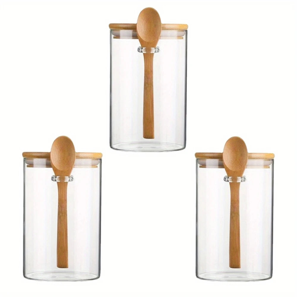 1/2/3/4pcs Airtight Glass Jars with Bamboo Lids and Spoons 18oz Transparent Glass Bulk Food Storage Jar for Spices, Beans, Tea