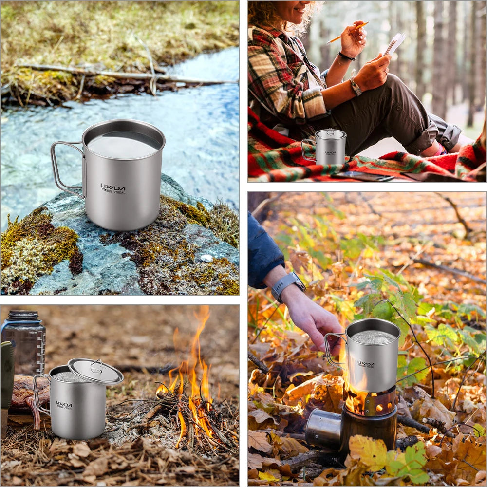 Taza de agua ultraligera de titanio Lixada con asa plegable, portátil para exteriores, camping, picnic, 300 ml/350 ml/550 ml/650 ml