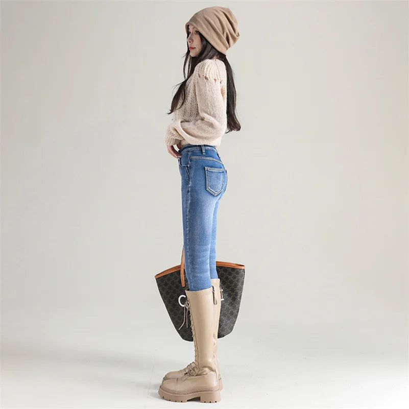 Women's Thermal Jeans Winter Snow Warm Plush Stretch Jeans Lady Skinny Thick Fleece Denim Long Pants Retro Blue Pencil Trousers