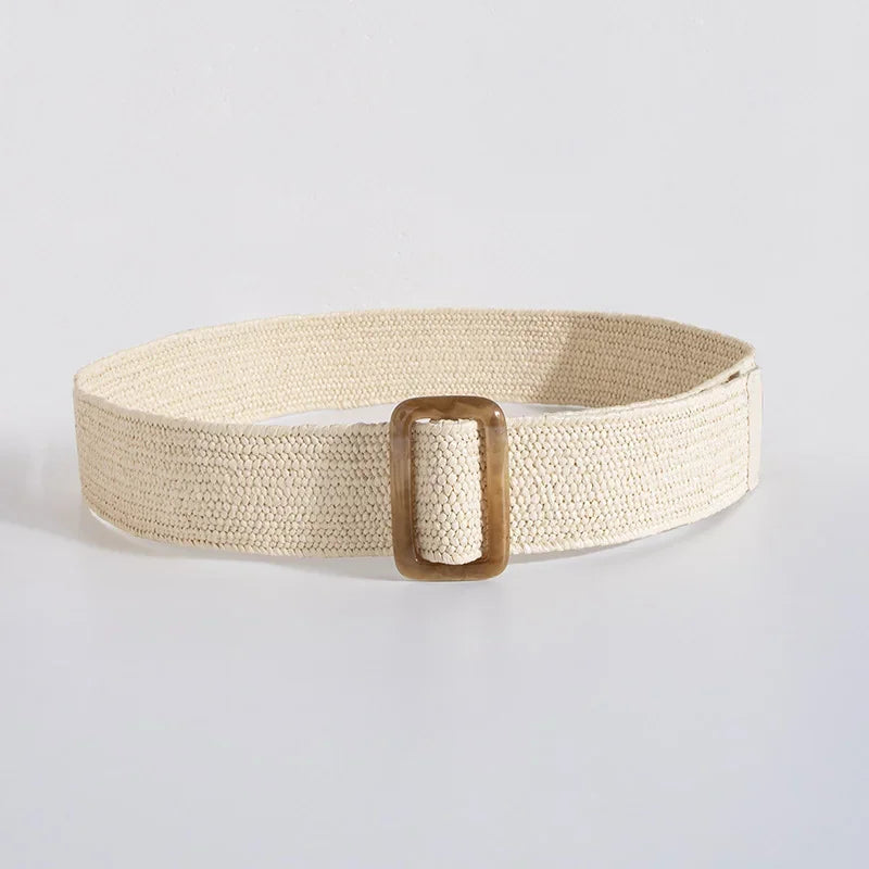 Ladies Round Dark Wooden Buckle Pp Straw Woven Elastic Belt Versatile Summer Fashion Bohemian Style Geometric Pattern