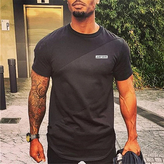 Gym Fitness T-shirt Trend Stitching Contrast Color Short Sleeve Shirt Men's Bodybuilding Clothing Summer Cotton Breathable Tops