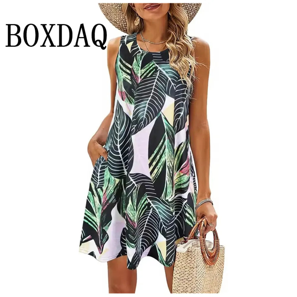 Women Beach Vacation Dress Women Summer Casual Tank Sleeveless Flowers Printed Mini Dresses Fashion Loose Plus Size Clothes 9XL