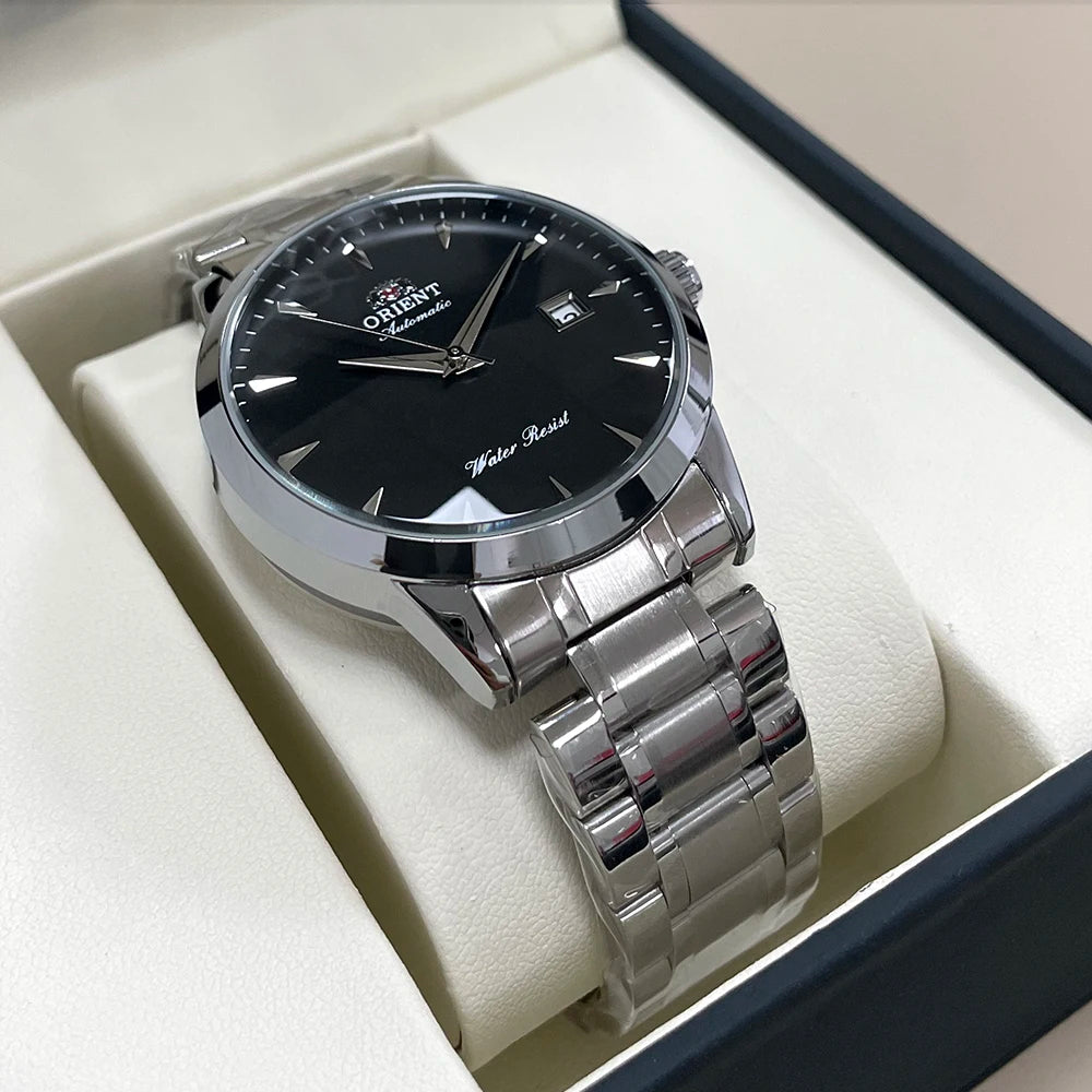 Orient Automatic Men's Watch, Black Dial Stainless Steel Band, Water Resistant Classic Business Wristwatch with Date Display
