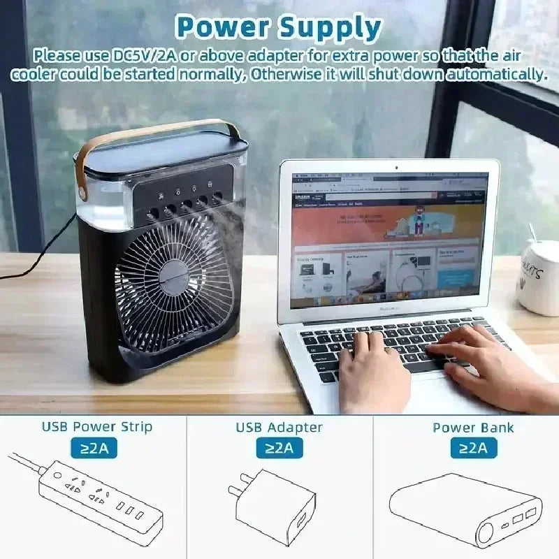 New 3 In 1 Portable Fan AIr Conditioner Household Mini Air Cooler LED Night Light Humidifier Air Adjustment Fan Office Home Fan