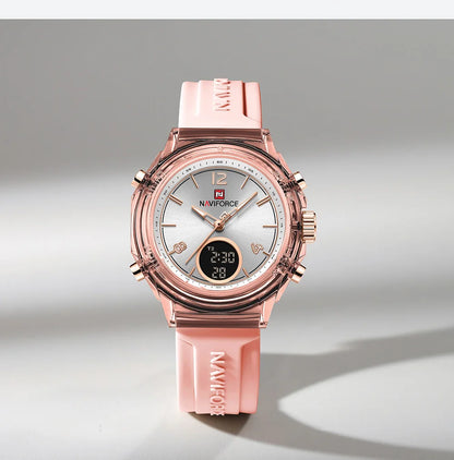 Relojes NAVIFORCE para mujer, nuevo diseño, esfera pequeña, deportivos, para mujer, resistente al agua hasta 5 ATM, reloj de pulsera de cuarzo con pantalla LCD digital, reloj para mujer