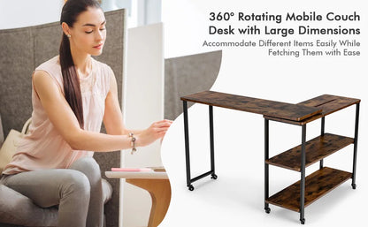 Large 360° Free Rotating Sofa Side Table, Patented Mobile Couch Desk with 2-Tier Storage Shelves, Movable Laptop Table