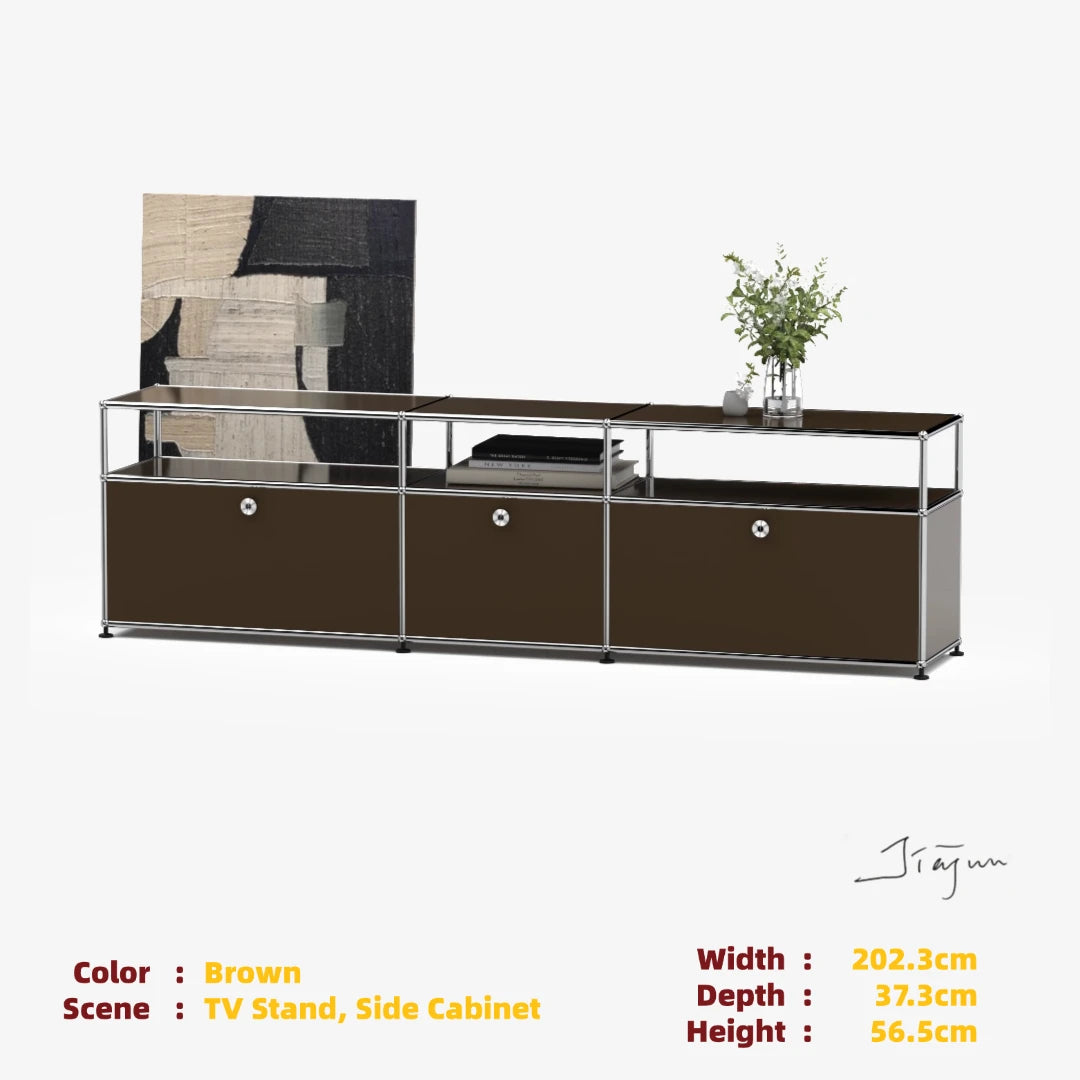 Modern Modular Low TV Cabinet｜3-Tier Sideboard with Drop Doors｜Steel Frame Storage Bench Unit | Minimalist Low Media Console